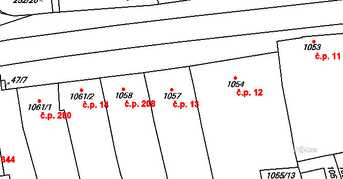 Horní Heršpice 13, Brno na parcele st. 1057 v KÚ Horní Heršpice, Katastrální mapa