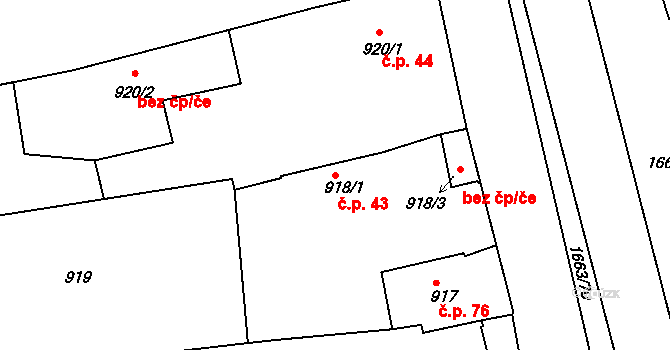 Trnovany 43, Teplice na parcele st. 918/1 v KÚ Teplice-Trnovany, Katastrální mapa