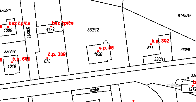 Halenkov 55 na parcele st. 1020 v KÚ Halenkov, Katastrální mapa