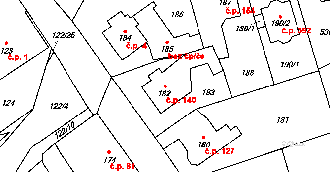Šeberov 140, Praha na parcele st. 182 v KÚ Šeberov, Katastrální mapa