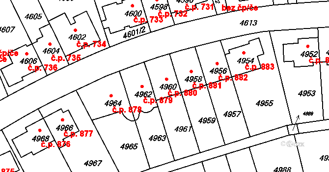 Záběhlice 880, Praha na parcele st. 4960 v KÚ Záběhlice, Katastrální mapa