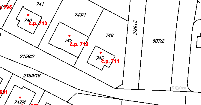 Ruzyně 711, Praha na parcele st. 745 v KÚ Ruzyně, Katastrální mapa