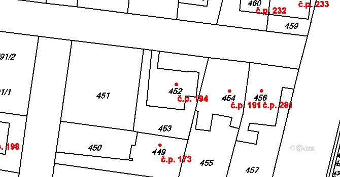Čimice 194, Praha na parcele st. 452 v KÚ Čimice, Katastrální mapa