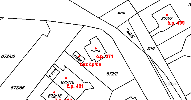 Letňany 371, Praha na parcele st. 672/88 v KÚ Letňany, Katastrální mapa