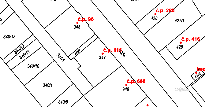 Zbýšov 115 na parcele st. 347 v KÚ Zbýšov u Oslavan, Katastrální mapa