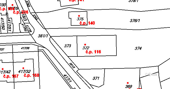 Kanice 116 na parcele st. 372 v KÚ Kanice, Katastrální mapa