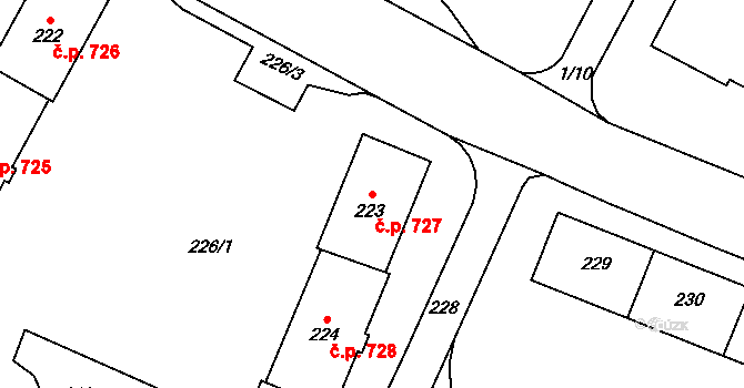 Šumbark 727, Havířov na parcele st. 223 v KÚ Šumbark, Katastrální mapa
