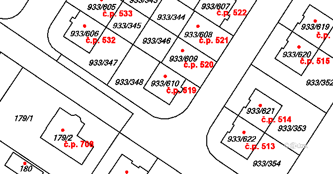 Satalice 519, Praha na parcele st. 933/610 v KÚ Satalice, Katastrální mapa
