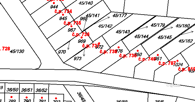 Hovorčovice 738 na parcele st. 972 v KÚ Hovorčovice, Katastrální mapa