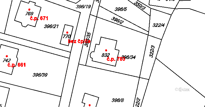 Solanec pod Soláněm 703, Hutisko-Solanec na parcele st. 832 v KÚ Solanec pod Soláněm, Katastrální mapa