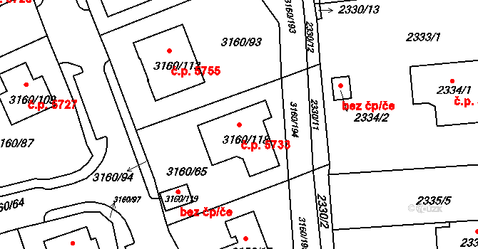 Chomutov 5733 na parcele st. 3160/118 v KÚ Chomutov II, Katastrální mapa