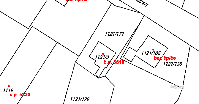 Jihlava 5510 na parcele st. 1121/3 v KÚ Jihlava, Katastrální mapa