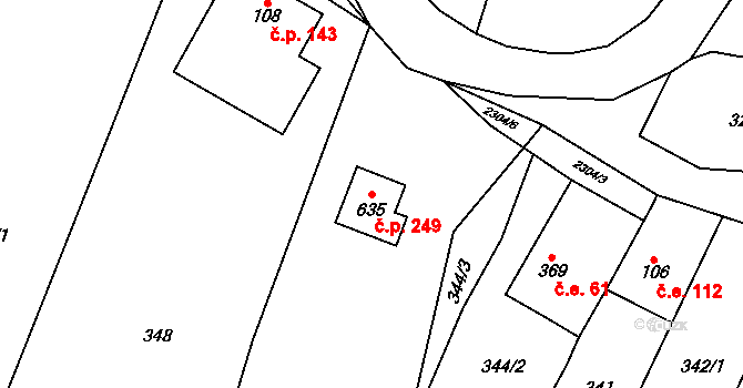 Olešnice v Orlických horách 249 na parcele st. 635 v KÚ Olešnice v Orlických horách, Katastrální mapa