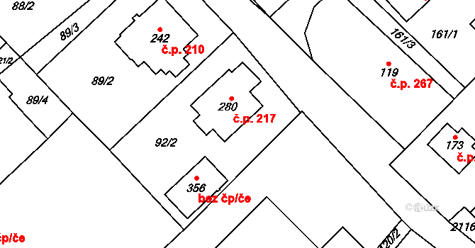 Bohdalov 217 na parcele st. 280 v KÚ Bohdalov, Katastrální mapa
