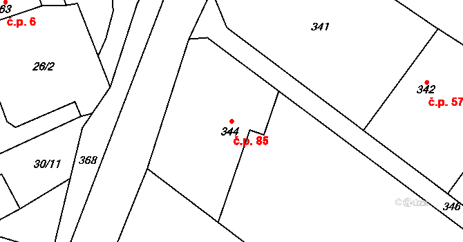 Prosetín 85 na parcele st. 344 v KÚ Prosetín u Bystřice nad Pernštejnem, Katastrální mapa