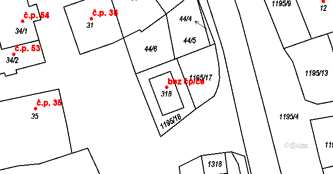 Šlapanov 44578504 na parcele st. 318 v KÚ Šlapanov, Katastrální mapa