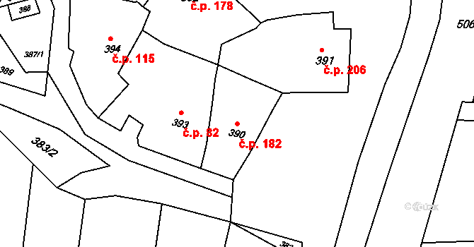 Kobeřice u Brna 182 na parcele st. 390 v KÚ Kobeřice u Brna, Katastrální mapa