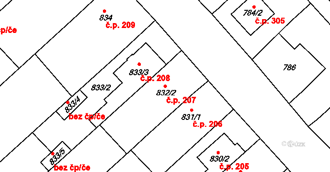 Holubice 207 na parcele st. 832/2 v KÚ Holubice, Katastrální mapa