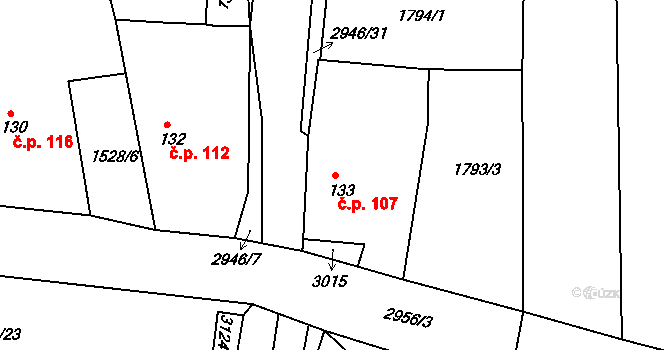 Horní Bělá 107 na parcele st. 133 v KÚ Horní Bělá, Katastrální mapa