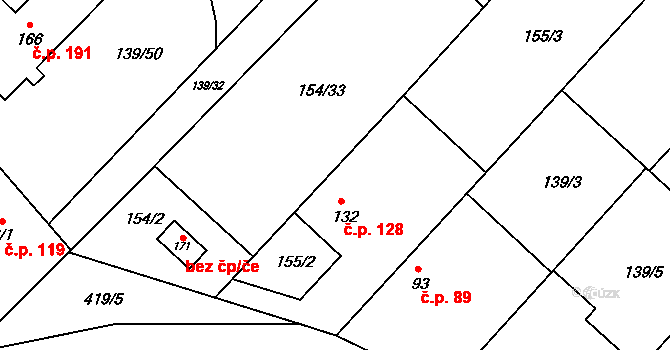 Tišice 128 na parcele st. 132 v KÚ Tišice, Katastrální mapa