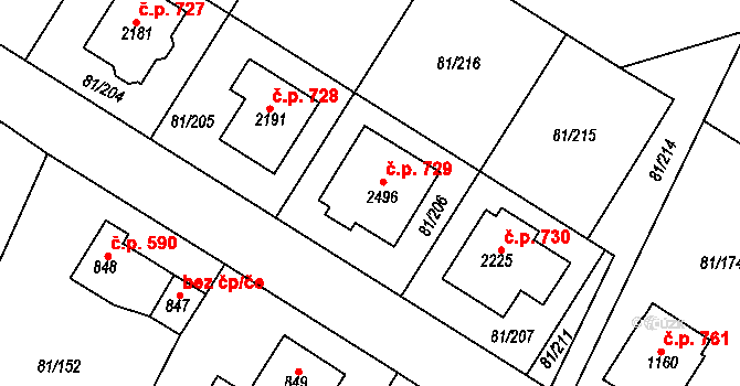 Lobeček 729, Kralupy nad Vltavou na parcele st. 2496 v KÚ Lobeček, Katastrální mapa