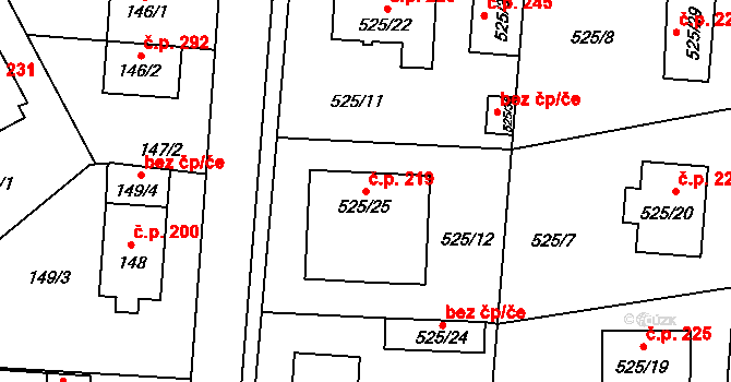Jinočany 219 na parcele st. 525/25 v KÚ Jinočany, Katastrální mapa