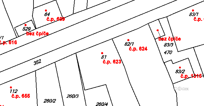 Rudná 623 na parcele st. 81 v KÚ Hořelice, Katastrální mapa