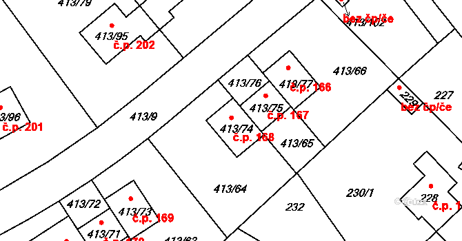 Lidice 168 na parcele st. 413/74 v KÚ Lidice, Katastrální mapa