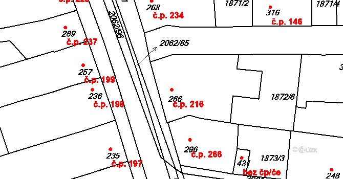 Merklín 216 na parcele st. 266 v KÚ Merklín u Přeštic, Katastrální mapa