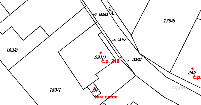 Blšany 216 na parcele st. 231/1 v KÚ Blšany, Katastrální mapa