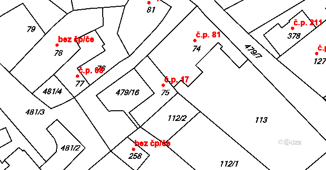 Trávník 17, Kroměříž na parcele st. 75 v KÚ Trávník, Katastrální mapa