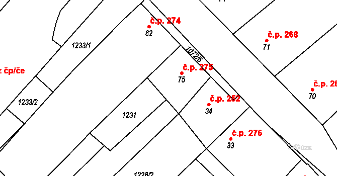 Chlupice 275, Hostěradice na parcele st. 75 v KÚ Chlupice, Katastrální mapa