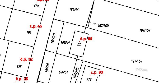 Hleďsebe 1.díl 85, Nelahozeves na parcele st. 821 v KÚ Nelahozeves, Katastrální mapa