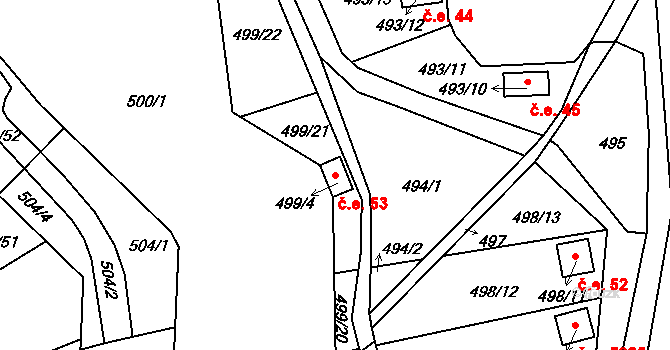 Hruškové Dvory 53, Jihlava na parcele st. 499/4 v KÚ Hruškové Dvory, Katastrální mapa