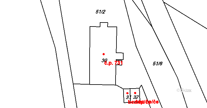 Luby 731 na parcele st. 30 v KÚ Luby II, Katastrální mapa