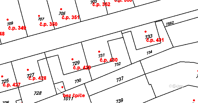 Žabčice 430 na parcele st. 731 v KÚ Žabčice, Katastrální mapa