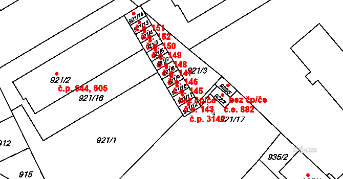 Vyškov-Předměstí 144, Vyškov na parcele st. 921/10 v KÚ Vyškov, Katastrální mapa