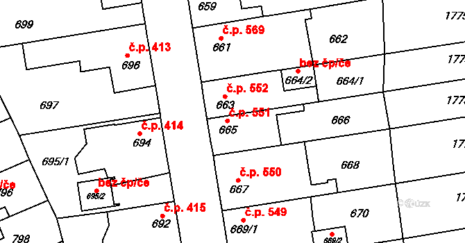 Kosmonosy 551 na parcele st. 665 v KÚ Kosmonosy, Katastrální mapa