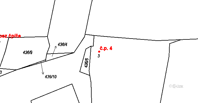 Očín 4, Horní Kozolupy na parcele st. 3 v KÚ Očín, Katastrální mapa