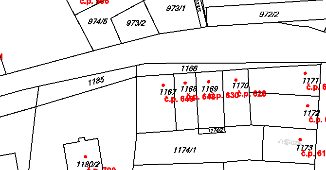 Hulín 649 na parcele st. 1167 v KÚ Hulín, Katastrální mapa