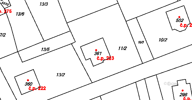 Jarcová 223 na parcele st. 361 v KÚ Jarcová, Katastrální mapa