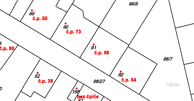 Vrbičany 58 na parcele st. 91 v KÚ Vrbičany u Lovosic, Katastrální mapa