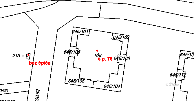Kozinec 78, Holubice na parcele st. 108 v KÚ Kozinec, Katastrální mapa