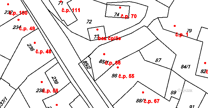 Šebrov 66, Šebrov-Kateřina na parcele st. 85/1 v KÚ Šebrov, Katastrální mapa