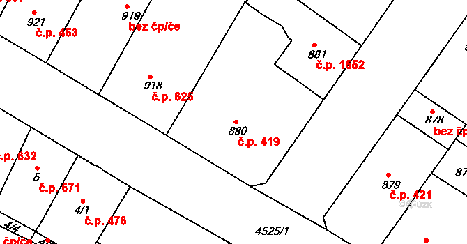 Teplice 419 na parcele st. 880 v KÚ Teplice, Katastrální mapa