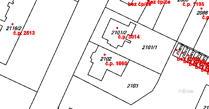 Teplice 1860 na parcele st. 2102 v KÚ Teplice, Katastrální mapa