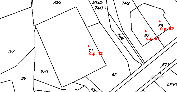 Horní Olešná 12, Popelín na parcele st. 11 v KÚ Horní Olešná, Katastrální mapa