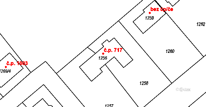 Šeberov 717, Praha na parcele st. 1256 v KÚ Šeberov, Katastrální mapa