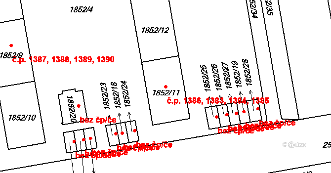 Vršovice 1383,1384,1385,1386, Praha na parcele st. 1852/11 v KÚ Vršovice, Katastrální mapa
