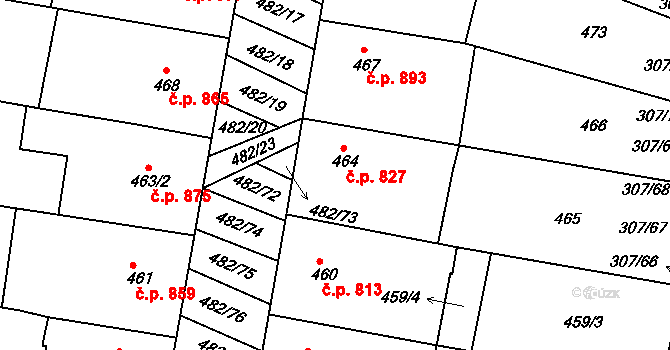 Mutěnice 827 na parcele st. 464 v KÚ Mutěnice, Katastrální mapa